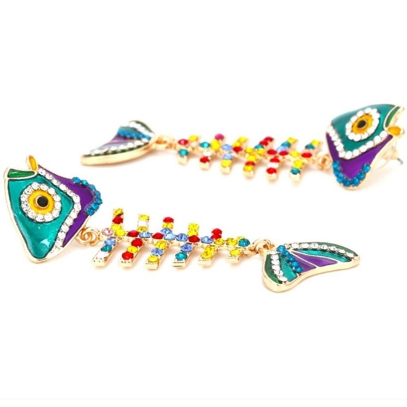 Callie Prosperity Wishbone Multi Rhinestone Blingy Fishbone Earrings - Picture 4 of 7